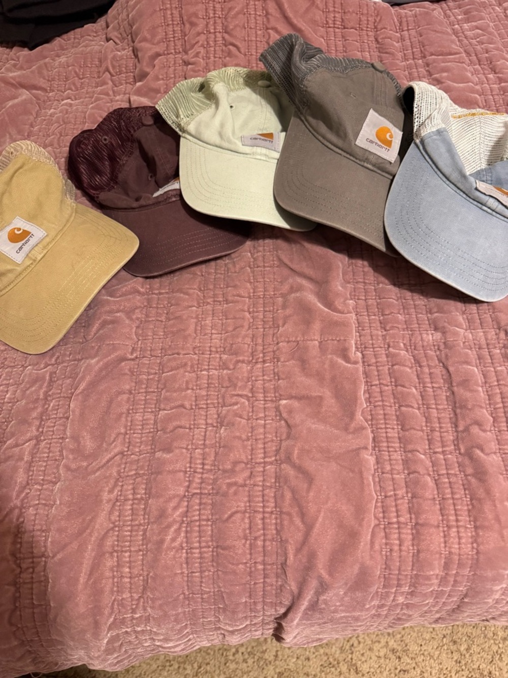 5 Carhartt Tan Mesh-Back Logo Trucker Hat. Can separate if wanted.